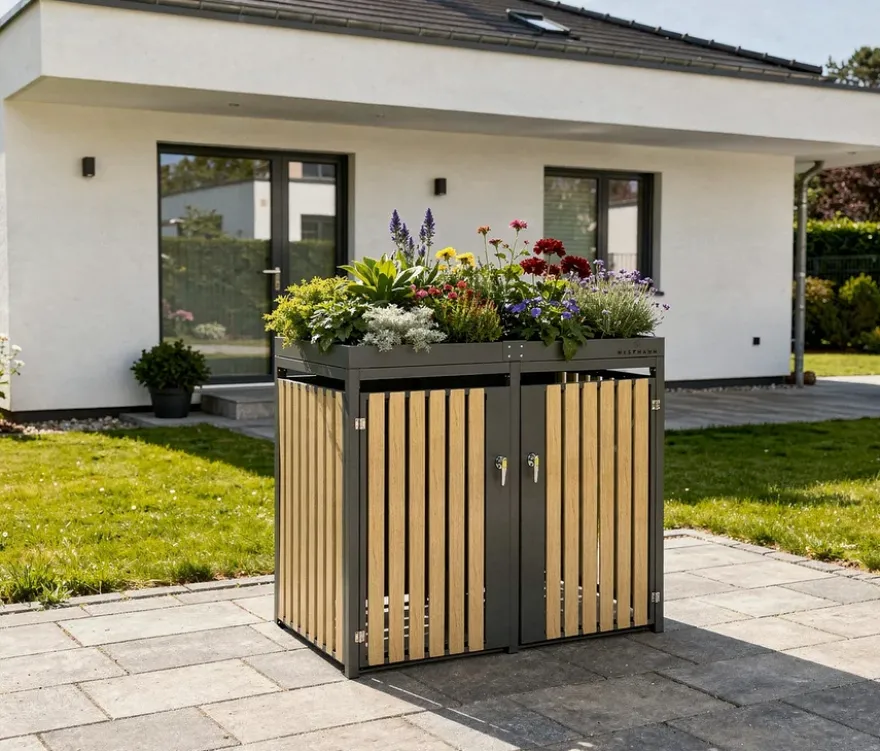 Mülltonnenbox mit Blumenkasten, 2er