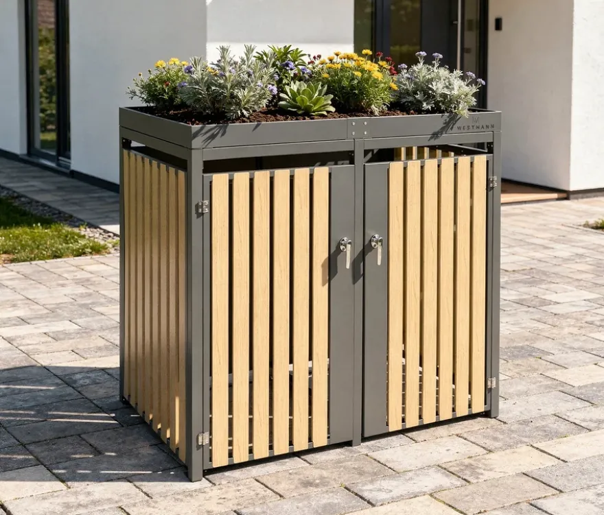 Mülltonnenbox mit Blumenkasten, 2er