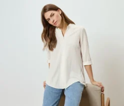 Piqué-Jerseybluse, creme