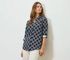 Piqué-Jerseybluse, dunkelblau-weißer Alloverprint