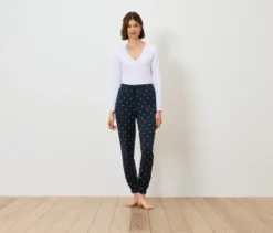 Pyjamahose, dunkelblau mit cremefarbenen Punkten