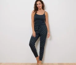 Pyjamahose, dunkelblau mit cremefarbenen Punkten