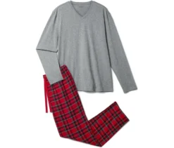 Pyjama-Set mit Flanellhose, grau-rot