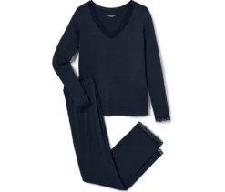 Pyjama-Set mit Spitzenbesatz, dunkelblau