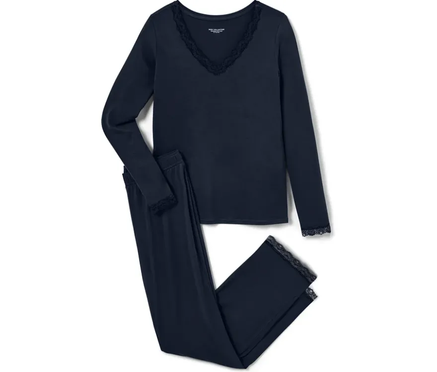 Pyjama-Set mit Spitzenbesatz, dunkelblau