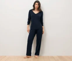 Pyjama-Set mit Spitzenbesatz, dunkelblau