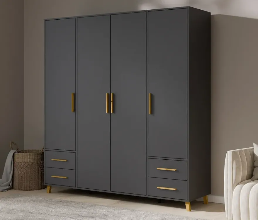 Rauch Drehtürenschrank »Shinjo«, 4-türig, 4 Schubladen, grau-metallic