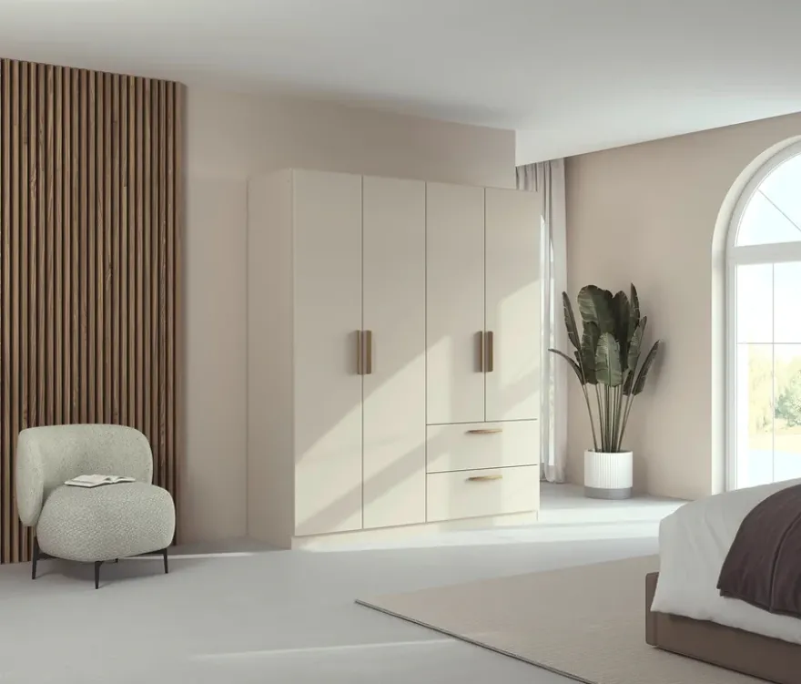 Rauch Drehtürenschrank "Skandi" 4-türig mit zwei Schubladen, beige/champagner