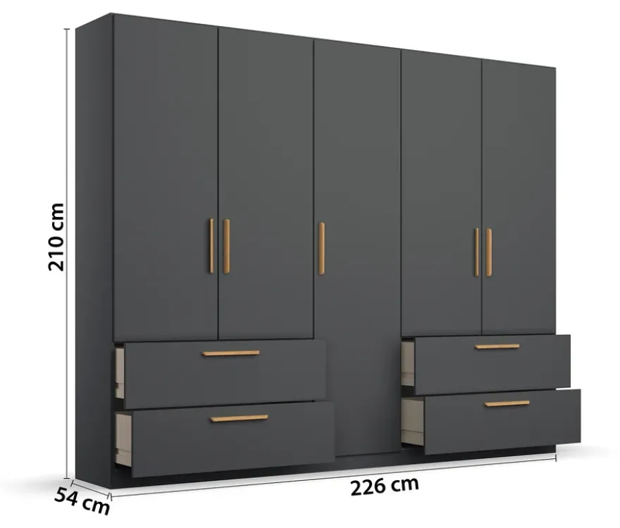 Rauch Drehtürenschrank "Skandi" 5-türig mit vier Schubladen, grau-metallic