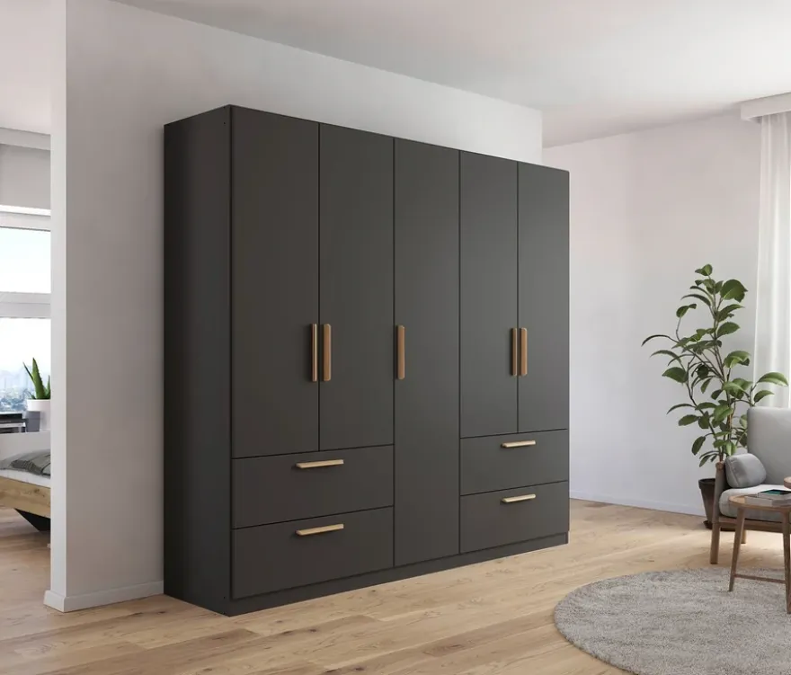 Rauch Drehtürenschrank "Skandi" 5-türig mit vier Schubladen, grau-metallic