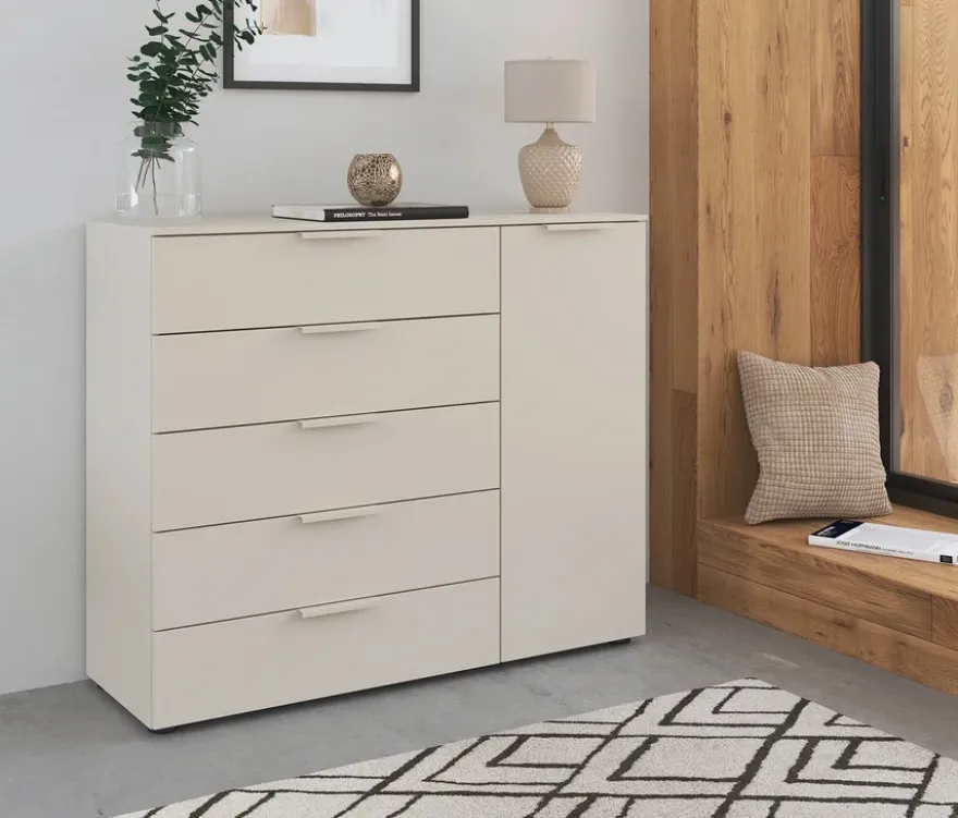 rauch Kommode »Flipp«, 1 Tür, 5 Schubladen mit Soft-Close, beige/champagner