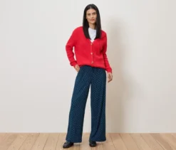 Schlupfhose in Crinkle-Optik, dunkelblau mit weißen Punkten