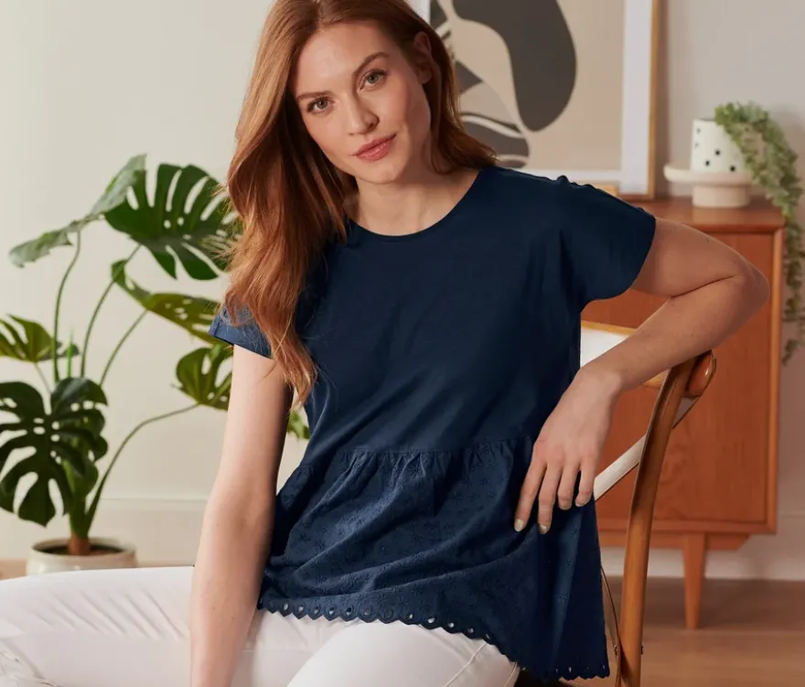 Shirt im Materialmix mit Stickerei, dunkelblau