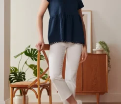 Shirt im Materialmix mit Stickerei, dunkelblau