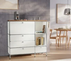 Sideboard Metall »CN3« mit Holzplatte, 1 Klappenfach und 4 Schubladen, weiß