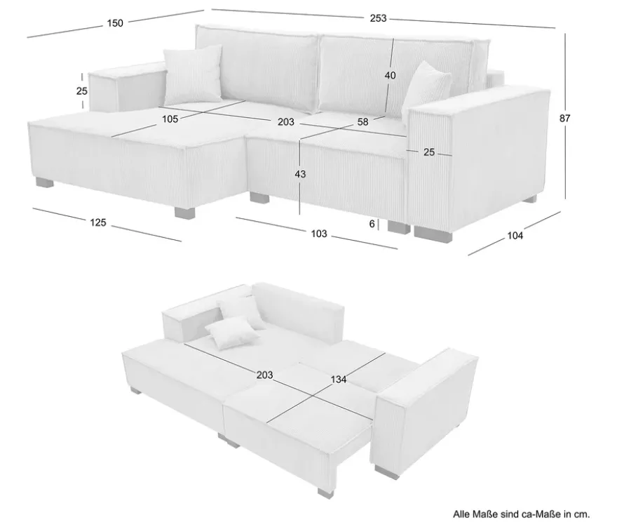 Sofa 2-Sitzer mit Auszugsbett rechts, Longchair links »Cumello«, creme