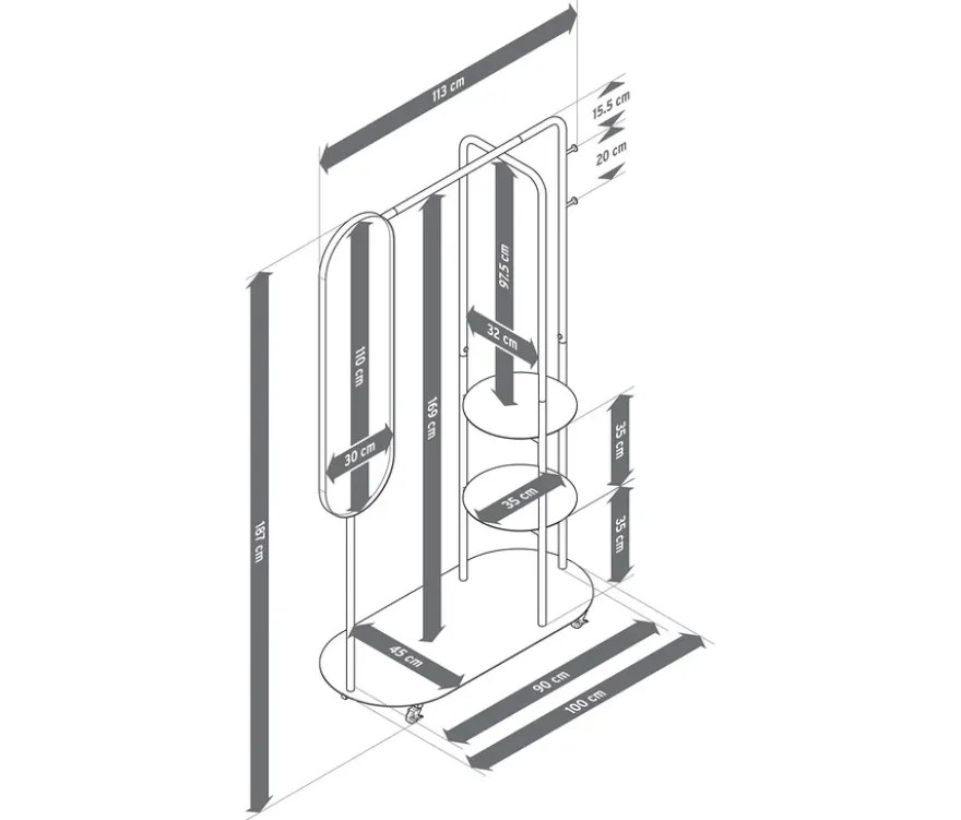 Standgarderobe auf Rollen mit großem Spiegel