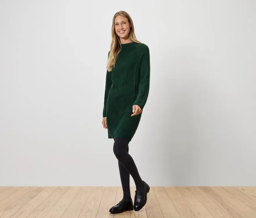 Strickkleid mit Zopfmuster, dunkelgrün