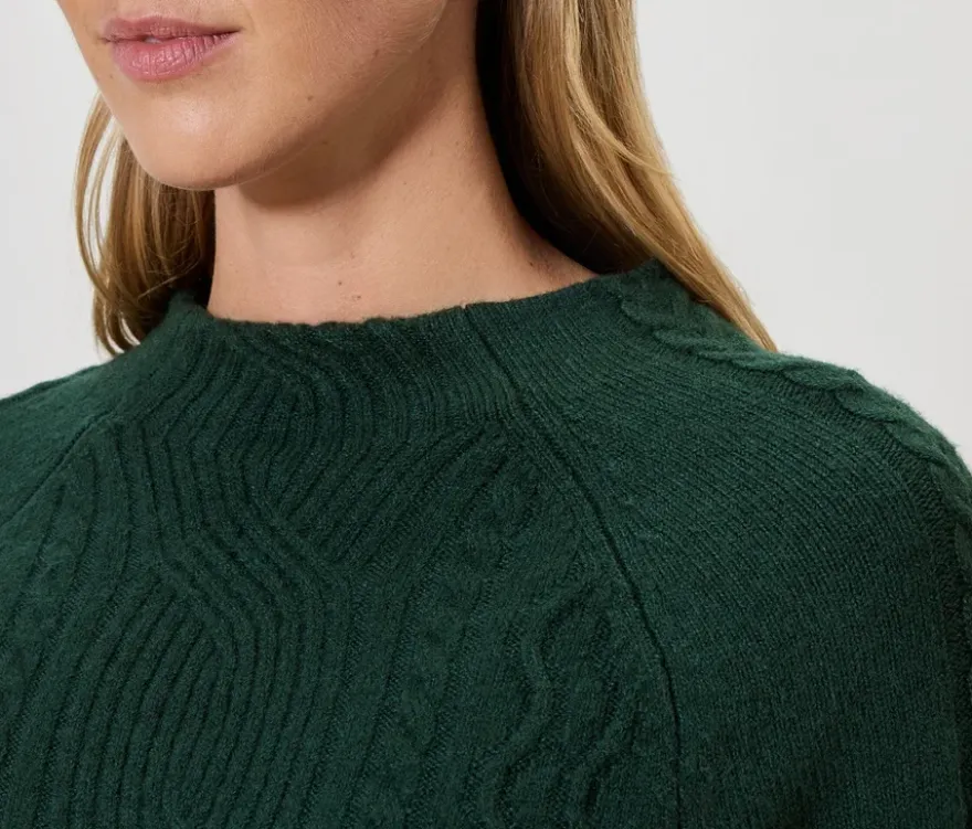 Strickkleid mit Zopfmuster, dunkelgrün
