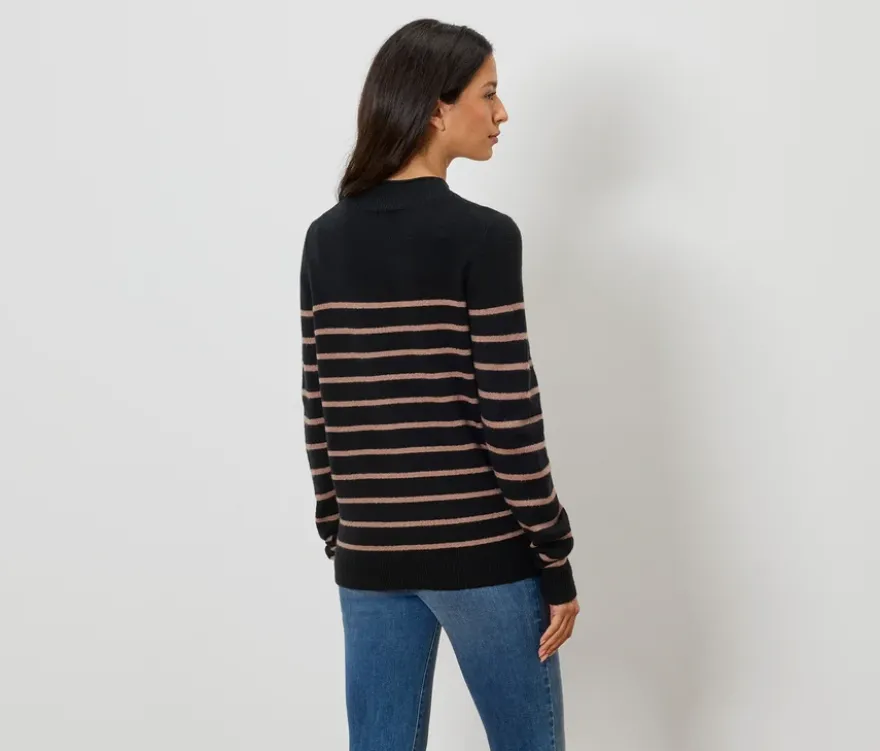 Strickpullover mit Stehkragen, schwarz mit hellbraunen Streifen