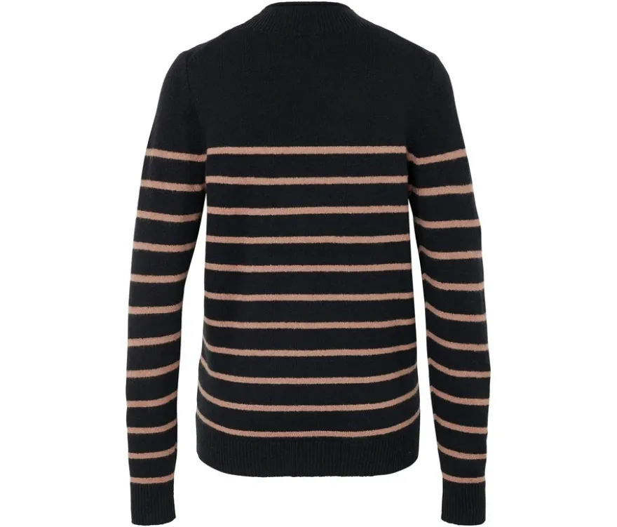 Strickpullover mit Stehkragen, schwarz mit hellbraunen Streifen