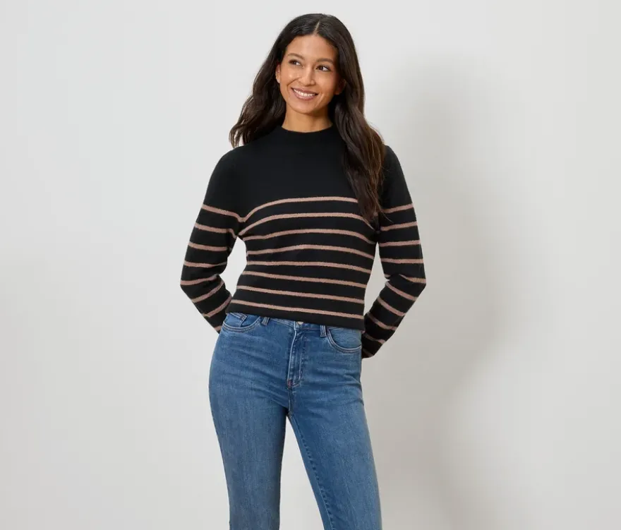 Strickpullover mit Stehkragen, schwarz mit hellbraunen Streifen