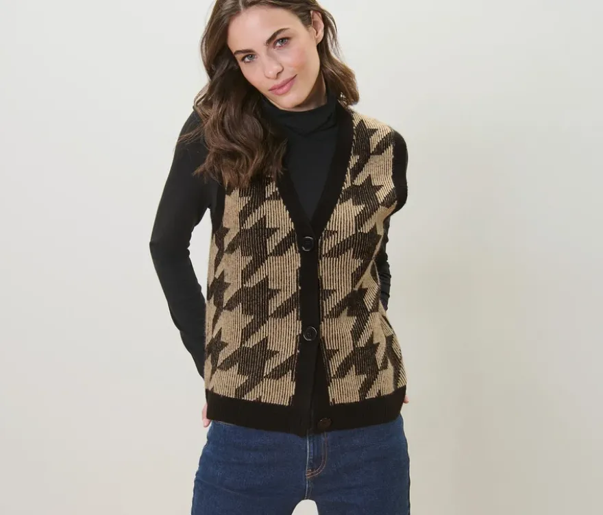 Strickweste mit Hahnentritt-Jacquard