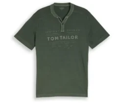Tom Tailor Serafino T-Shirt mit Logo-Print, Deep Leaf Green