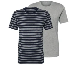 2 T-Shirts, hellgrau meliert, navy-hellgrau meliert gestreift