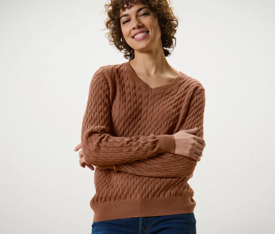 Zopfstrickpullover, cognac